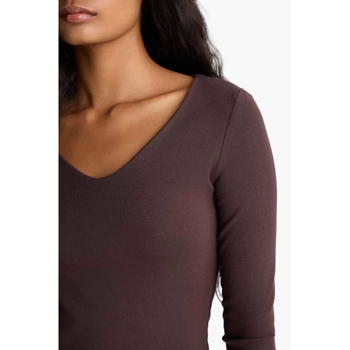 Defacto F7153AXBN340 Kahve Slim Fit Dar Kesim Basic Düz Modal Uzun Kollu Tişört