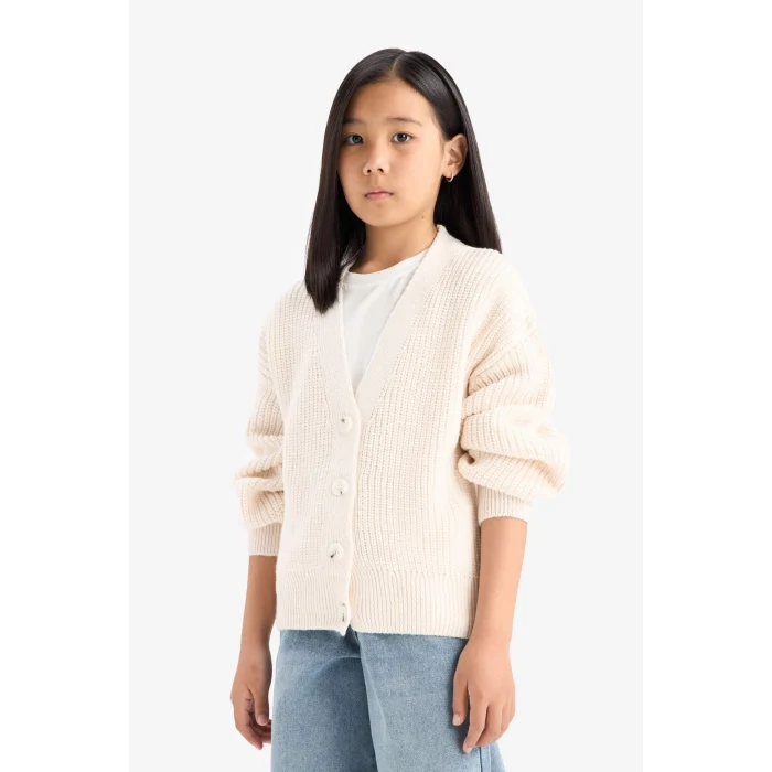 Defacto A2298A8ER105 Ekru Kız Çocuk V Yaka Düğmeli Triko Hırka