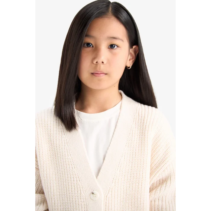 Defacto A2298A8ER105 Ekru Kız Çocuk V Yaka Düğmeli Triko Hırka