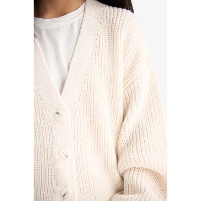 Defacto A2298A8ER105 Ekru Kız Çocuk V Yaka Düğmeli Triko Hırka