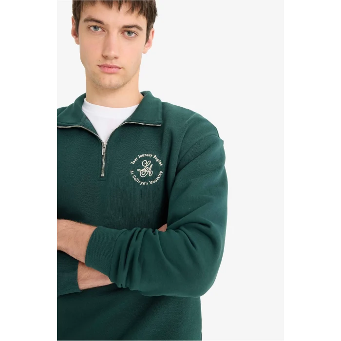 Defacto E9416AXGN536 Yeşil Boxy Fit Dik Yaka Fermuarlı Baskılı Sweatshirt