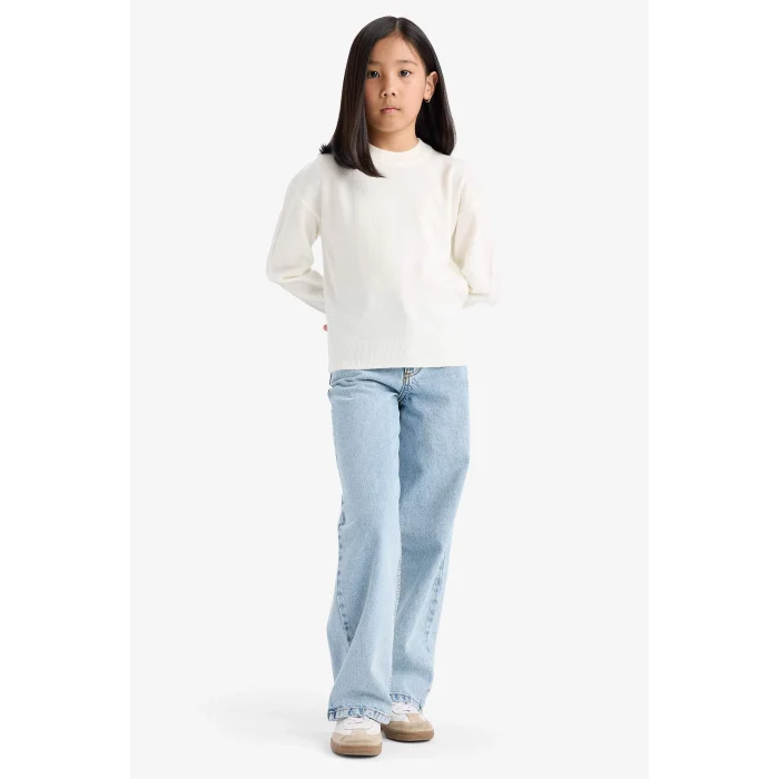 Defacto C6902A8ER105 Ekru Kız Çocuk Standart Fit Bisiklet Yaka Triko Kazak