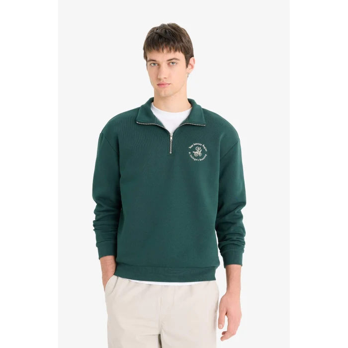 Defacto E9416AXGN536 Yeşil Boxy Fit Dik Yaka Fermuarlı Baskılı Sweatshirt