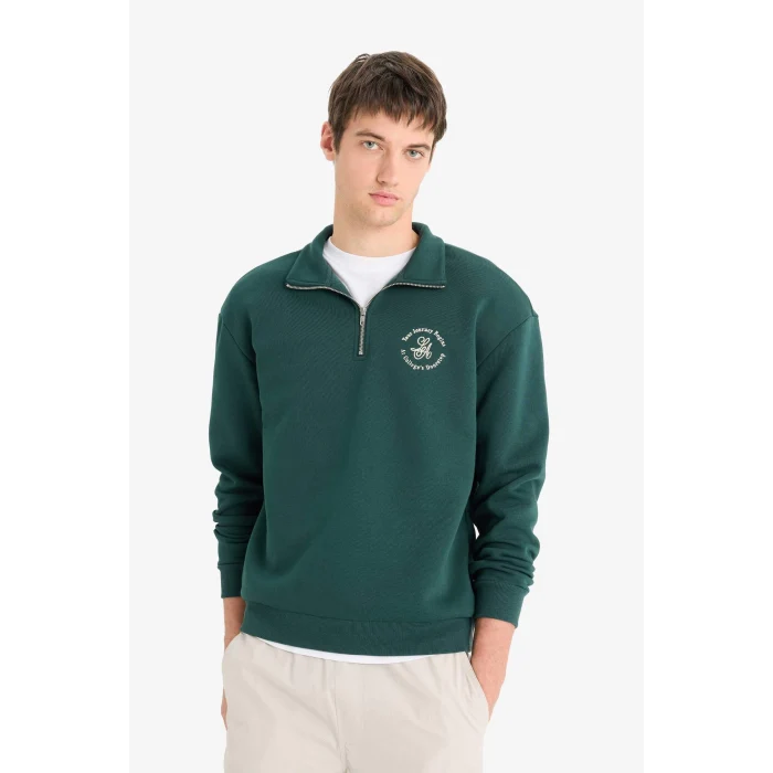 Defacto E9416AXGN536 Yeşil Boxy Fit Dik Yaka Fermuarlı Baskılı Sweatshirt