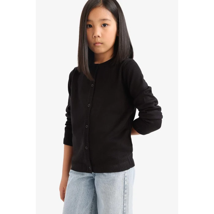 Defacto N8407A6BK27 Siyah Kız Çocuk Bisiklet Yaka Düğmeli Triko Hırka