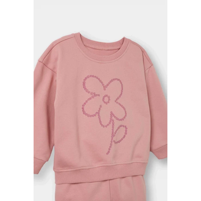 Defacto E8995A5PN111 Pembe Kız Bebek 2li Takım İçi Yumuşak Tüylü Baskılı Sweatshirt Eşofman Altı
