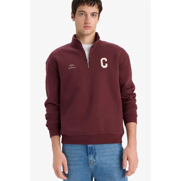Defacto E9415AXBR230 Bordo Boxy Fit Dik Yaka Fermuarlı Baskılı Sweatshirt