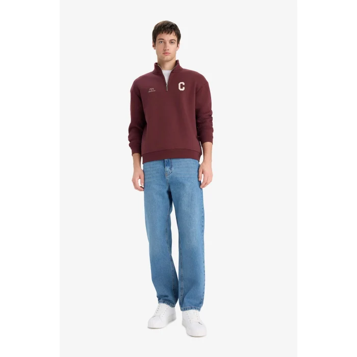 Defacto E9415AXBR230 Bordo Boxy Fit Dik Yaka Fermuarlı Baskılı Sweatshirt