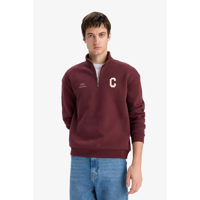Defacto E9415AXBR230 Bordo Boxy Fit Dik Yaka Fermuarlı Baskılı Sweatshirt