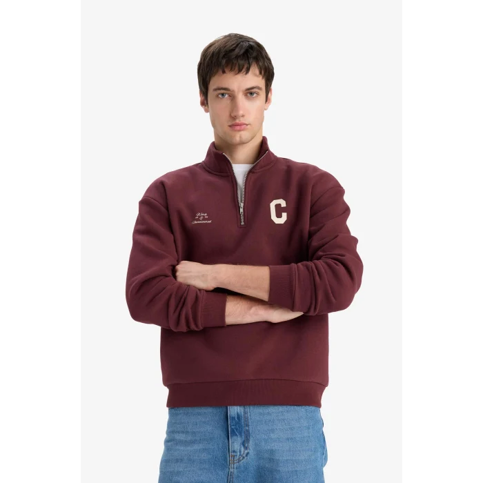 Defacto E9415AXBR230 Bordo Boxy Fit Dik Yaka Fermuarlı Baskılı Sweatshirt