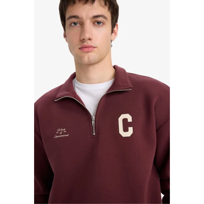 Defacto E9415AXBR230 Bordo Boxy Fit Dik Yaka Fermuarlı Baskılı Sweatshirt