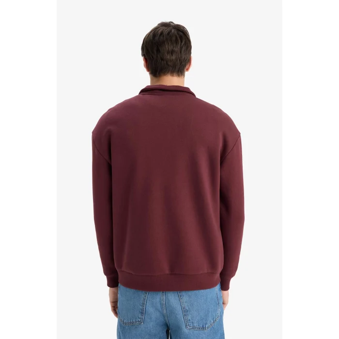 Defacto E9415AXBR230 Bordo Boxy Fit Dik Yaka Fermuarlı Baskılı Sweatshirt