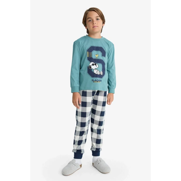 Defacto F3352A8GN1164 Yeşil Erkek Çocuk Snoopy Pijama Takımı Uzun Kollu Üst Uzun Alt