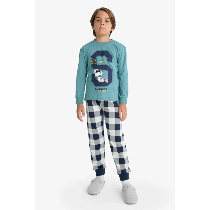 Defacto F3352A8GN1164 Yeşil Erkek Çocuk Snoopy Pijama Takımı Uzun Kollu Üst Uzun Alt