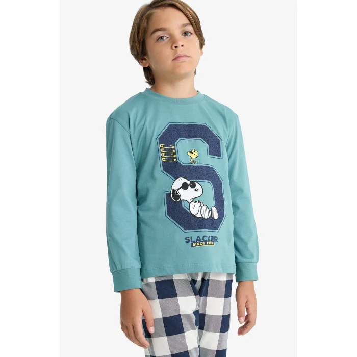 Defacto F3352A8GN1164 Yeşil Erkek Çocuk Snoopy Pijama Takımı Uzun Kollu Üst Uzun Alt