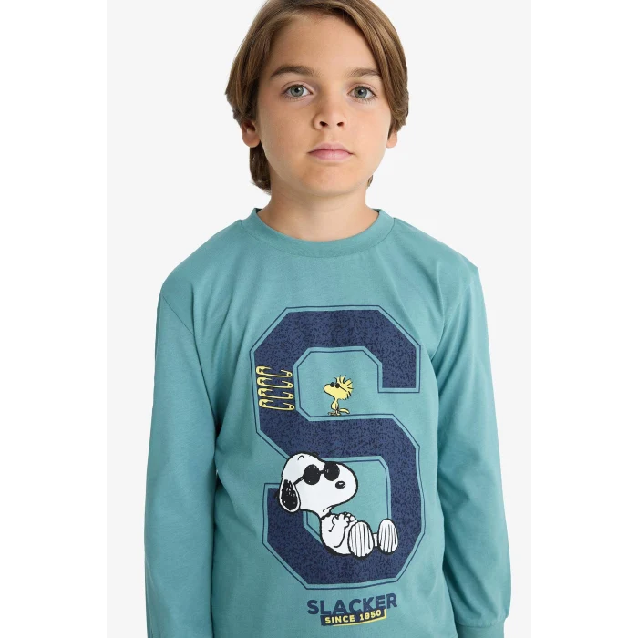 Defacto F3352A8GN1164 Yeşil Erkek Çocuk Snoopy Pijama Takımı Uzun Kollu Üst Uzun Alt