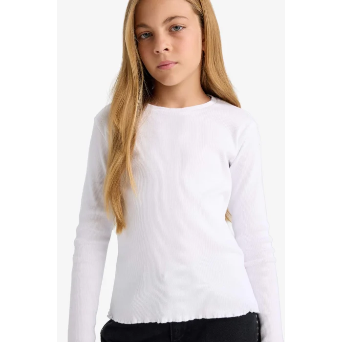 Defacto B2387A8WT34 Beyaz Kız Çocuk Bisiklet Yaka Basic Düz Fitilli Kaşkorse Uzun Kollu Okul Tişörtü