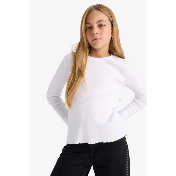 Defacto B2387A8WT34 Beyaz Kız Çocuk Bisiklet Yaka Basic Düz Fitilli Kaşkorse Uzun Kollu Okul Tişörtü