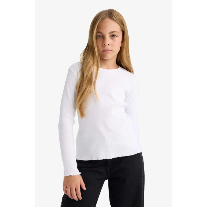 Defacto B2387A8WT34 Beyaz Kız Çocuk Bisiklet Yaka Basic Düz Fitilli Kaşkorse Uzun Kollu Okul Tişörtü