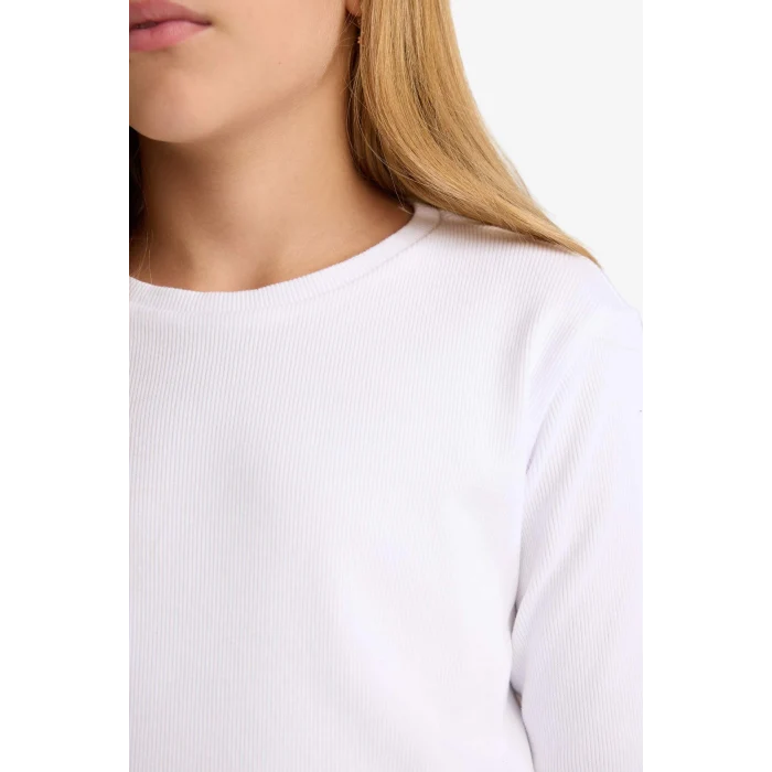 Defacto B2387A8WT34 Beyaz Kız Çocuk Bisiklet Yaka Basic Düz Fitilli Kaşkorse Uzun Kollu Okul Tişörtü