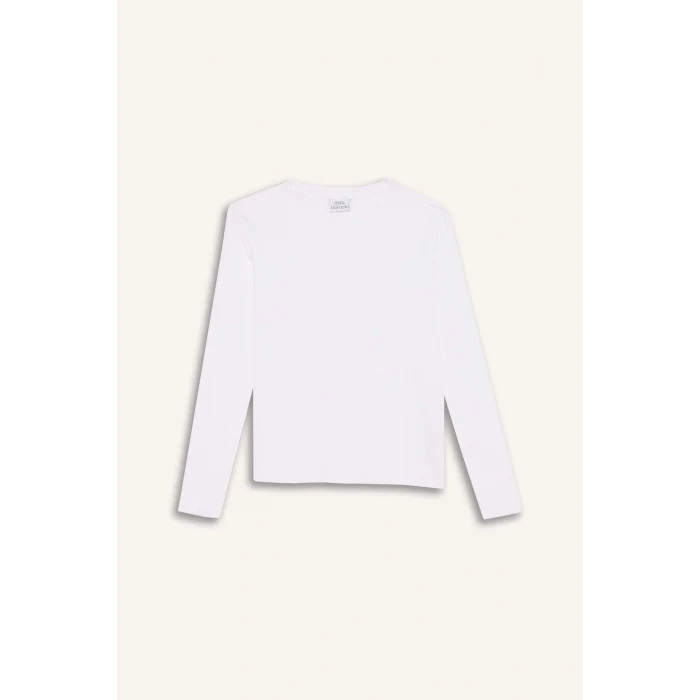 Defacto B2387A8WT34 Beyaz Kız Çocuk Bisiklet Yaka Basic Düz Fitilli Kaşkorse Uzun Kollu Okul Tişörtü