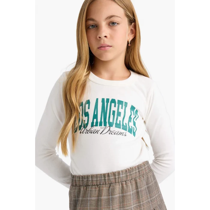 Defacto C7465A8ER77 Ekru Kız Çocuk Slim Fit Dar Kesim Bisiklet Yaka Baskılı Fitilli Kaşkorse Uzun Kollu Tişört