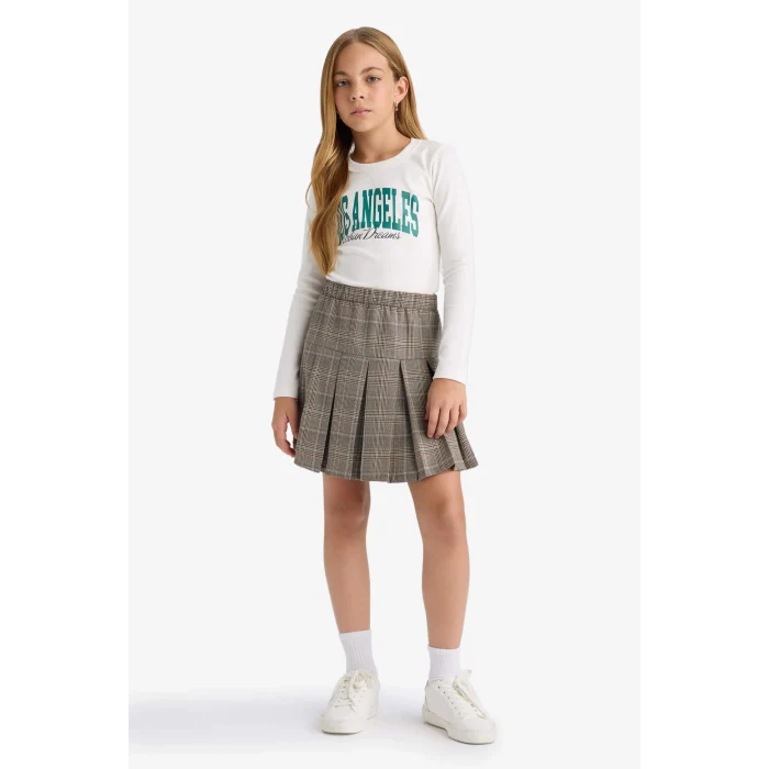 Defacto C7465A8ER77 Ekru Kız Çocuk Slim Fit Dar Kesim Bisiklet Yaka Baskılı Fitilli Kaşkorse Uzun Kollu Tişört