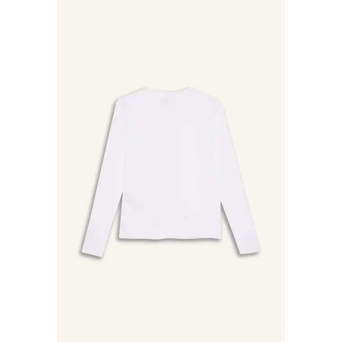 Defacto B2387A8WT34 Beyaz Kız Çocuk Bisiklet Yaka Basic Düz Fitilli Kaşkorse Uzun Kollu Okul Tişörtü