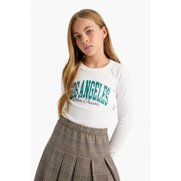 Defacto C7465A8ER77 Ekru Kız Çocuk Slim Fit Dar Kesim Bisiklet Yaka Baskılı Fitilli Kaşkorse Uzun Kollu Tişört