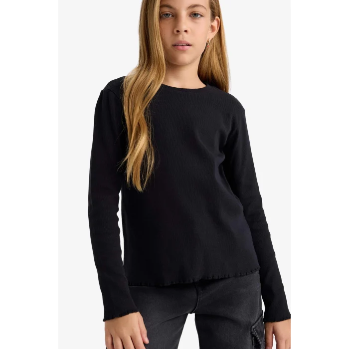 Defacto B2387A8BK81 Siyah Kız Çocuk Bisiklet Yaka Basic Düz Fitilli Kaşkorse Uzun Kollu Okul Tişörtü