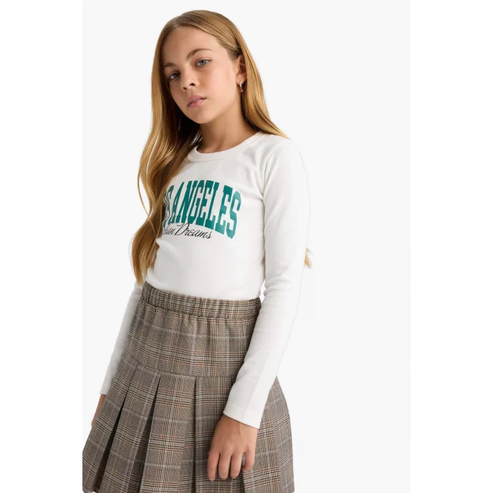 Defacto C7465A8ER77 Ekru Kız Çocuk Slim Fit Dar Kesim Bisiklet Yaka Baskılı Fitilli Kaşkorse Uzun Kollu Tişört