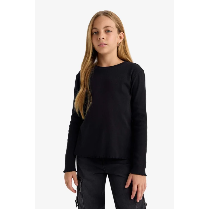 Defacto B2387A8BK81 Siyah Kız Çocuk Bisiklet Yaka Basic Düz Fitilli Kaşkorse Uzun Kollu Okul Tişörtü