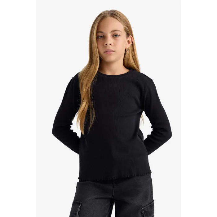 Defacto B2387A8BK81 Siyah Kız Çocuk Bisiklet Yaka Basic Düz Fitilli Kaşkorse Uzun Kollu Okul Tişörtü