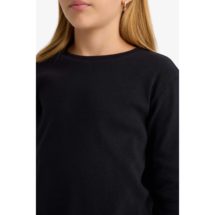 Defacto B2387A8BK81 Siyah Kız Çocuk Bisiklet Yaka Basic Düz Fitilli Kaşkorse Uzun Kollu Okul Tişörtü