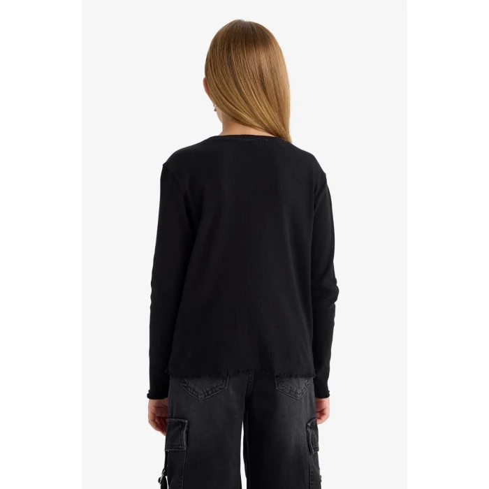 Defacto B2387A8BK81 Siyah Kız Çocuk Bisiklet Yaka Basic Düz Fitilli Kaşkorse Uzun Kollu Okul Tişörtü