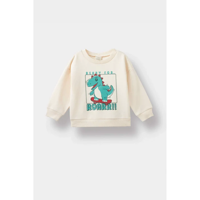 Defacto E9230A5ER42 Ekru Erkek Bebek Bisiklet Yaka Dinozor Baskılı İçi Yumuşak Tüylü Sweatshirt