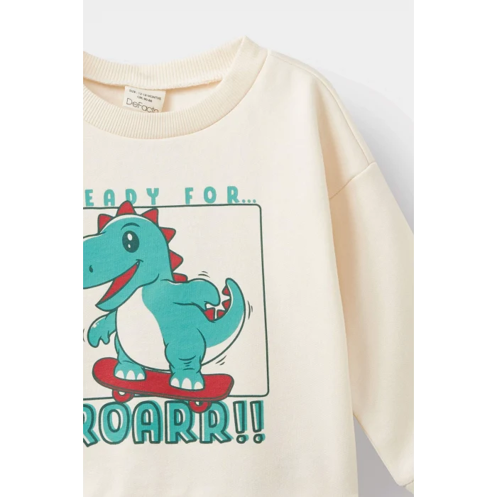 Defacto E9230A5ER42 Ekru Erkek Bebek Bisiklet Yaka Dinozor Baskılı İçi Yumuşak Tüylü Sweatshirt