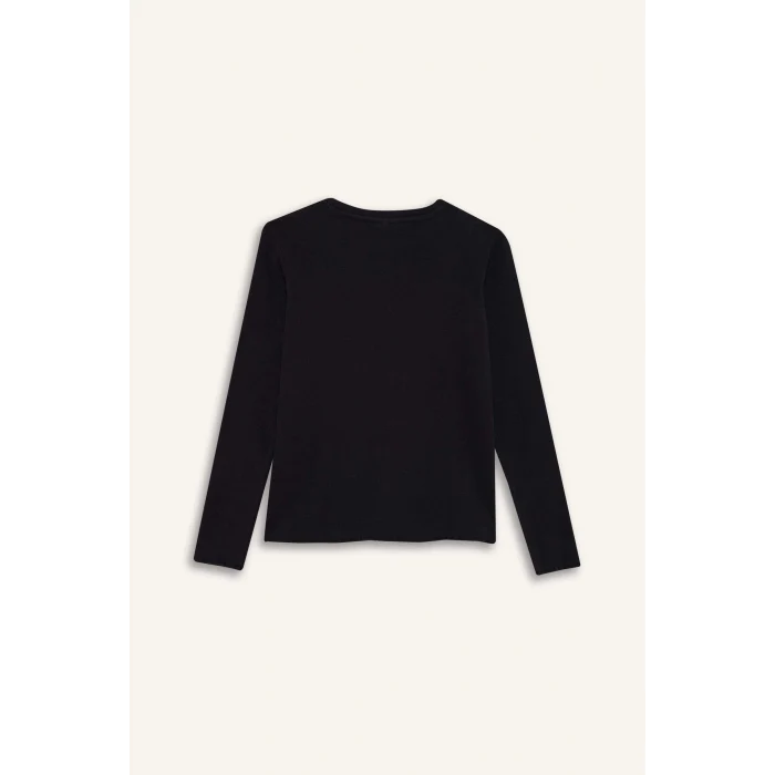 Defacto B2387A8BK81 Siyah Kız Çocuk Bisiklet Yaka Basic Düz Fitilli Kaşkorse Uzun Kollu Okul Tişörtü