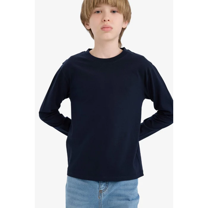 Defacto K1686A6NV253 Lacivert Erkek Çocuk Bisiklet Yaka Basic Düz Uzun Kollu Okul Tişörtü