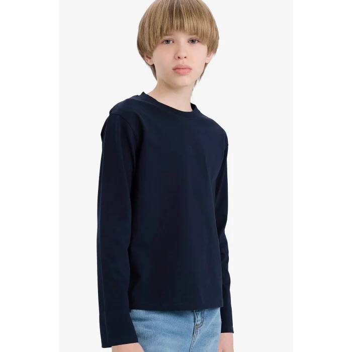 Defacto K1686A6NV253 Lacivert Erkek Çocuk Bisiklet Yaka Basic Düz Uzun Kollu Okul Tişörtü
