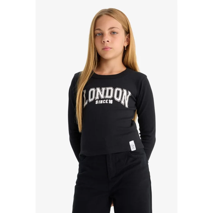 Defacto C7465A8BK81 Siyah Kız Çocuk Slim Fit Dar Kesim Bisiklet Yaka Baskılı Fitilli Kaşkorse Uzun Kollu Tişört