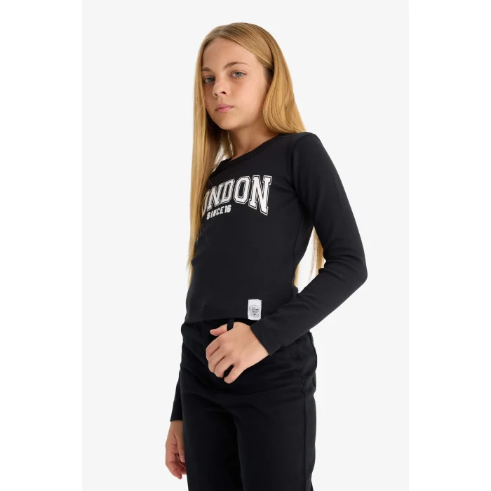 Defacto C7465A8BK81 Siyah Kız Çocuk Slim Fit Dar Kesim Bisiklet Yaka Baskılı Fitilli Kaşkorse Uzun Kollu Tişört