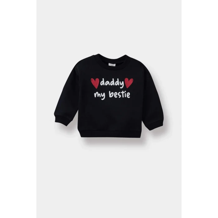 Defacto E9214A5BK27 Siyah Kız Bebek Bisiklet Yaka Baskılı İçi Yumuşak Tüylü Sweatshirt