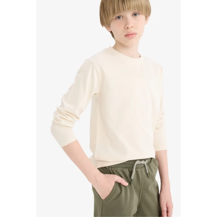 Defacto K1686A6BG734 Bej Erkek Çocuk Bisiklet Yaka Basic Düz Uzun Kollu Okul Tişörtü