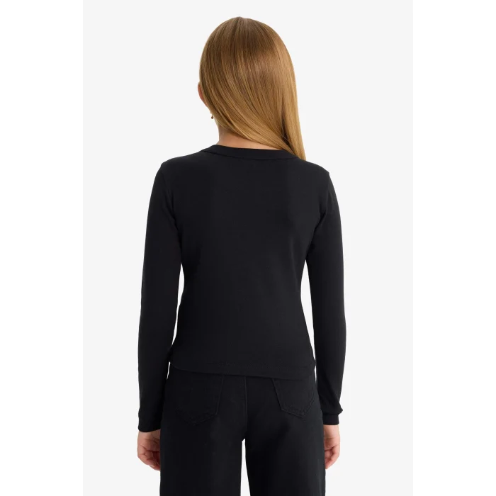 Defacto C7465A8BK81 Siyah Kız Çocuk Slim Fit Dar Kesim Bisiklet Yaka Baskılı Fitilli Kaşkorse Uzun Kollu Tişört