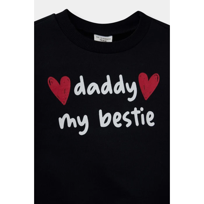 Defacto E9214A5BK27 Siyah Kız Bebek Bisiklet Yaka Baskılı İçi Yumuşak Tüylü Sweatshirt