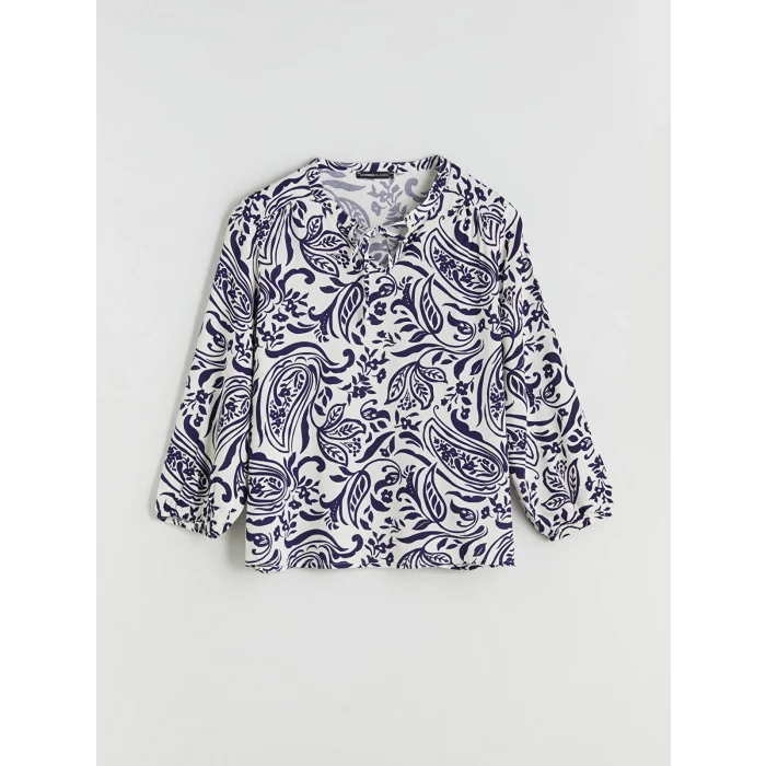 LCWAIKIKI Classic Mavi Bağlamalı Yaka Çiçekli Kadın Bluz