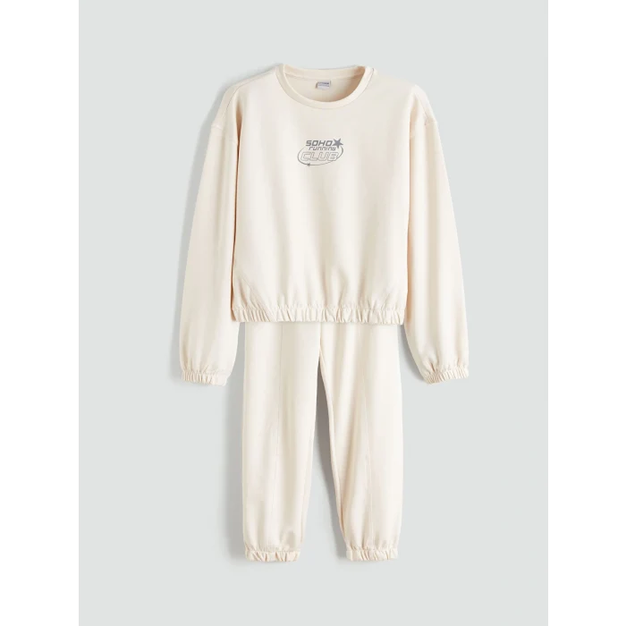 LCW Kids Ekru Bisiklet Yaka Soft Touch Kız Çocuk Eşofman Takım