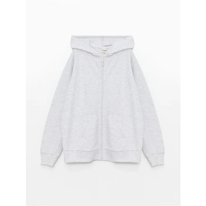 LCW Kids Gri Kapüşonlu Basic Uzun Kollu Kız Çocuk Fermuarlı Sweatshirt