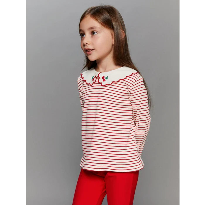 LCW Kids Kirmizi Bebe Yaka Uzun Kollu Çizgili Kız Çocuk Tişört